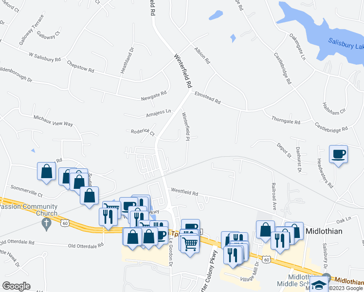 map of restaurants, bars, coffee shops, grocery stores, and more near 14117 Rigney Drive in Midlothian