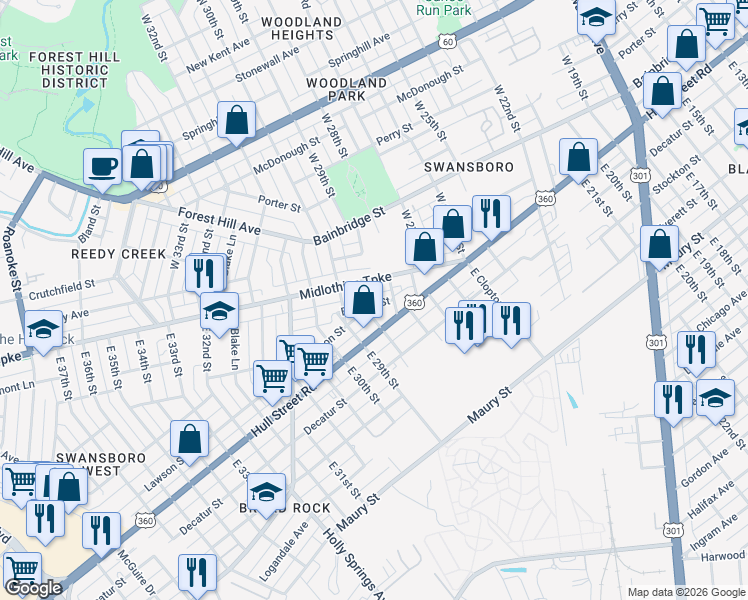 map of restaurants, bars, coffee shops, grocery stores, and more near 2817 Burfoot Street in Richmond