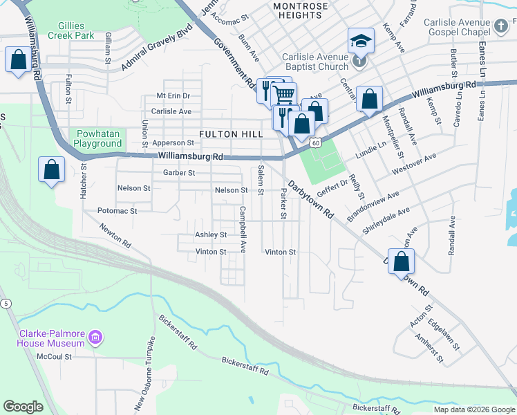 map of restaurants, bars, coffee shops, grocery stores, and more near 5213 Salem Street in Richmond