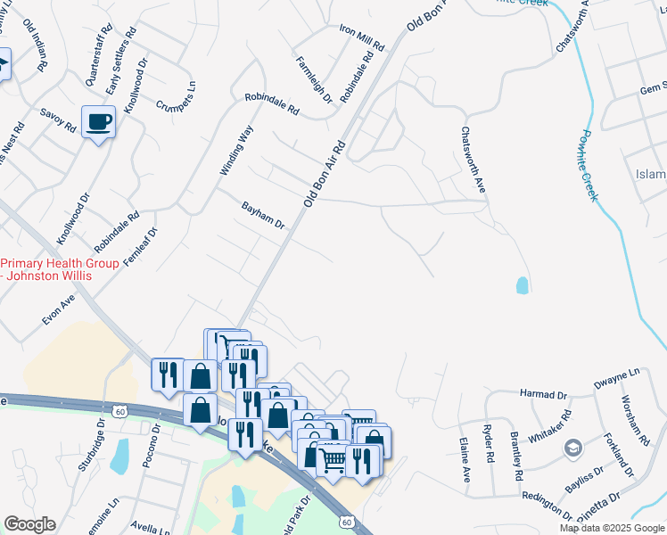 map of restaurants, bars, coffee shops, grocery stores, and more near 1303 Old Bon Air Road in Richmond