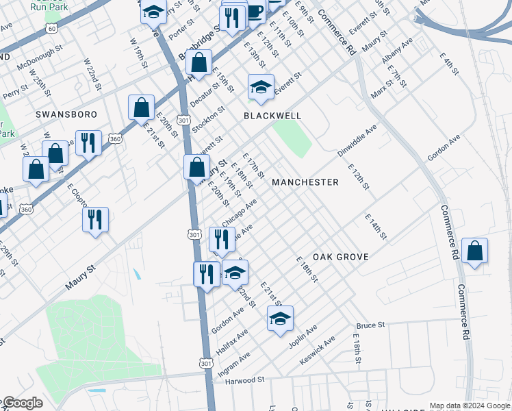 map of restaurants, bars, coffee shops, grocery stores, and more near 1808 Chicago Avenue in Richmond