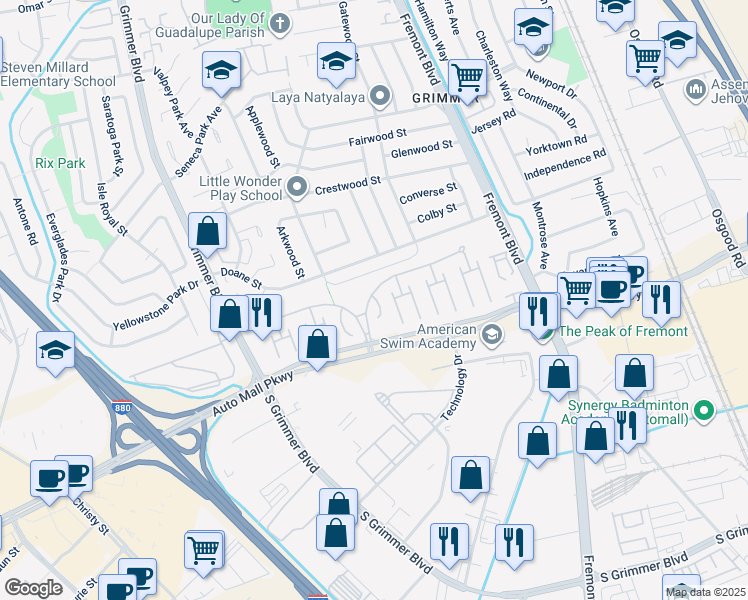 map of restaurants, bars, coffee shops, grocery stores, and more near 136 Coleridge Terrace in Fremont