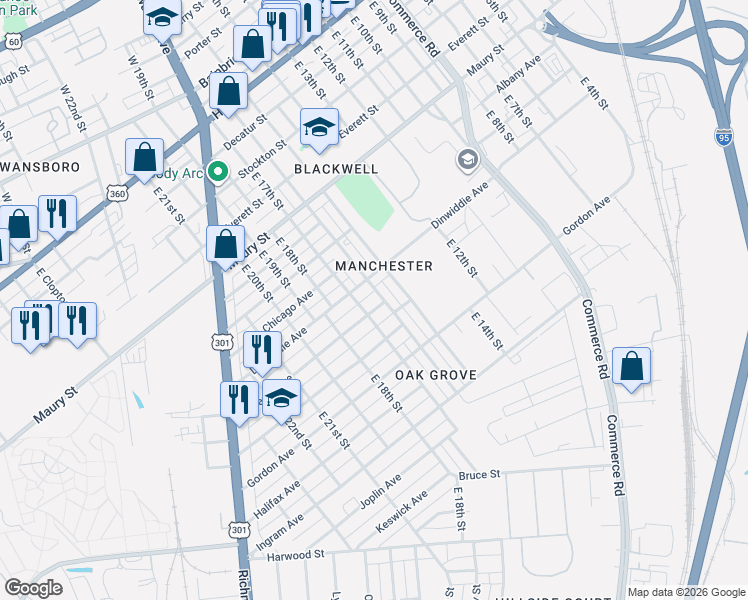 map of restaurants, bars, coffee shops, grocery stores, and more near 1700 Dinwiddie Avenue in Richmond
