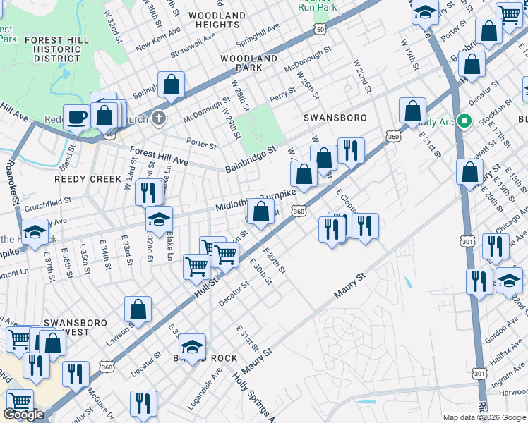 map of restaurants, bars, coffee shops, grocery stores, and more near 2817 Burfoot Street in Richmond