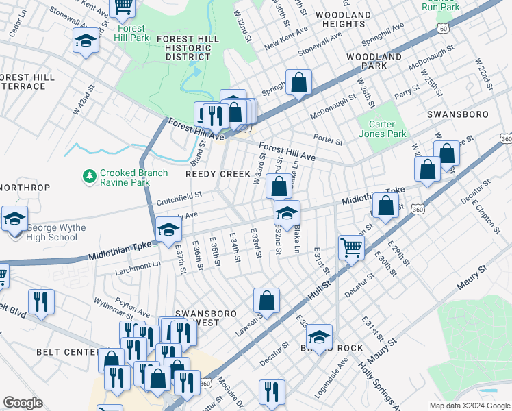 map of restaurants, bars, coffee shops, grocery stores, and more near 16 West 33rd Street in Richmond