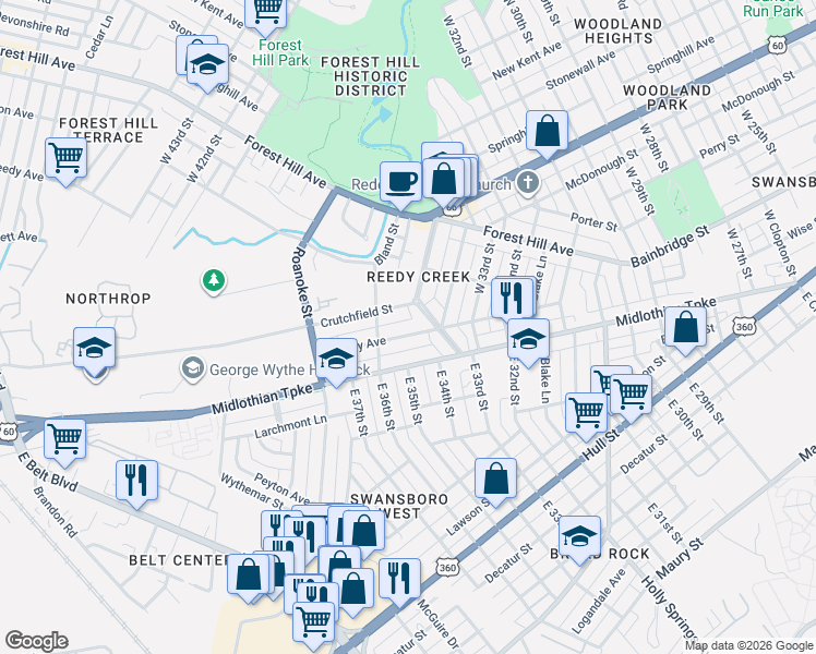 map of restaurants, bars, coffee shops, grocery stores, and more near 3519 Moody Avenue in Richmond