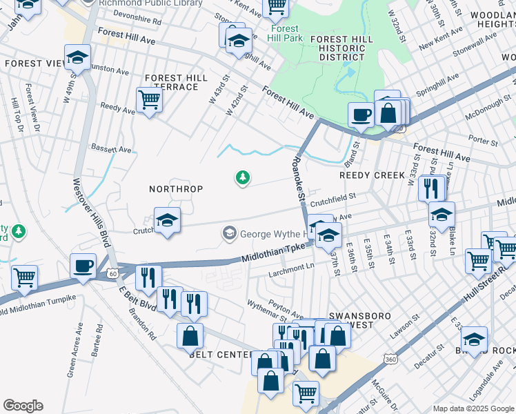 map of restaurants, bars, coffee shops, grocery stores, and more near 4027 Crutchfield Street in Richmond
