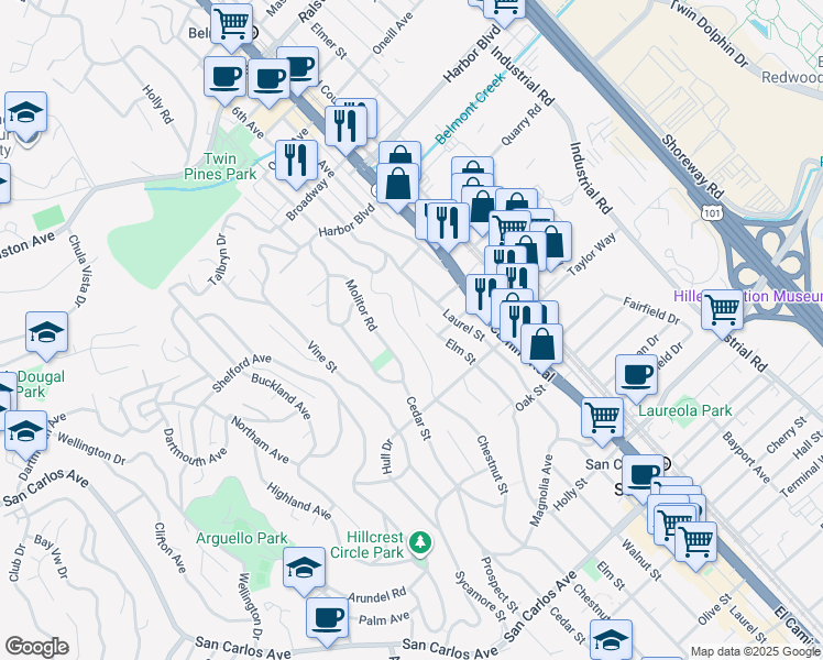 map of restaurants, bars, coffee shops, grocery stores, and more near 7 Chestnut Street in San Carlos