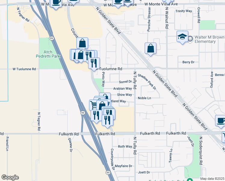 map of restaurants, bars, coffee shops, grocery stores, and more near 2362 Arabian Way in Turlock