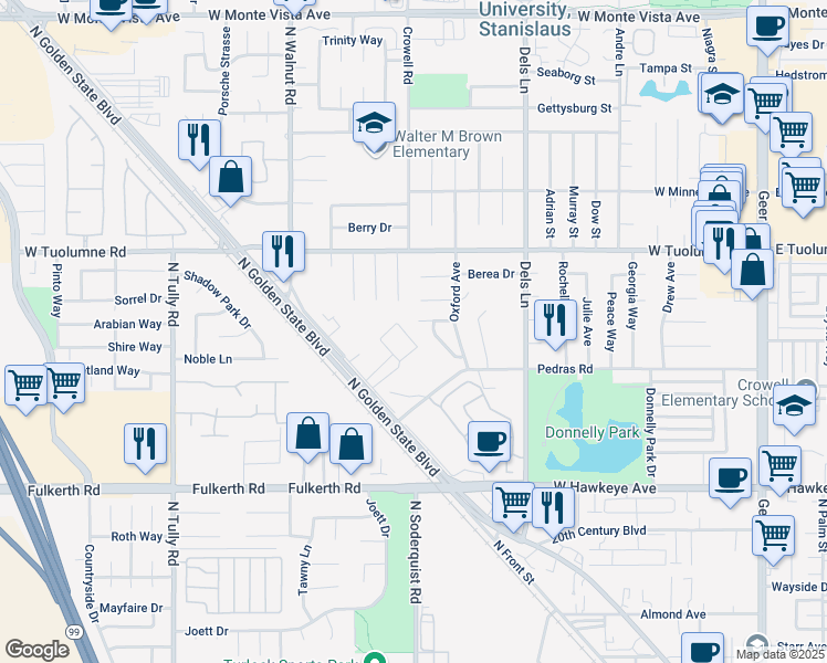 map of restaurants, bars, coffee shops, grocery stores, and more near 1158 Kay Circle in Turlock