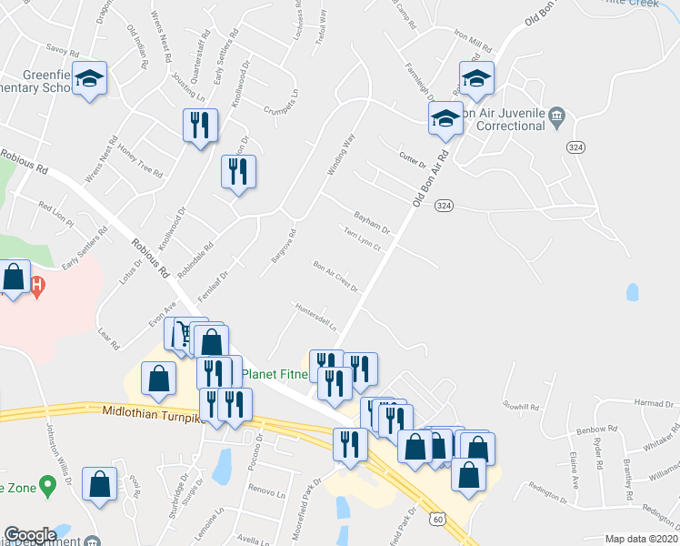 map of restaurants, bars, coffee shops, grocery stores, and more near 1200 Bon Air Crest Place in Richmond