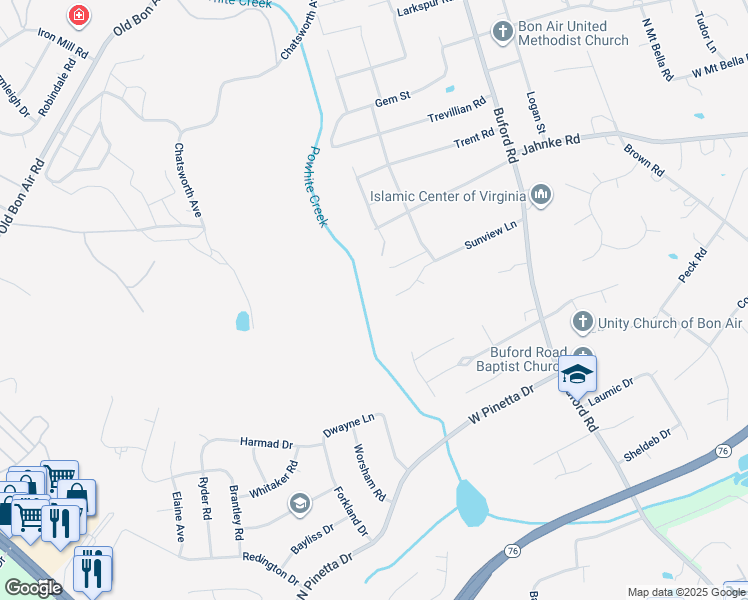 map of restaurants, bars, coffee shops, grocery stores, and more near 8740 Sunview Lane in Richmond