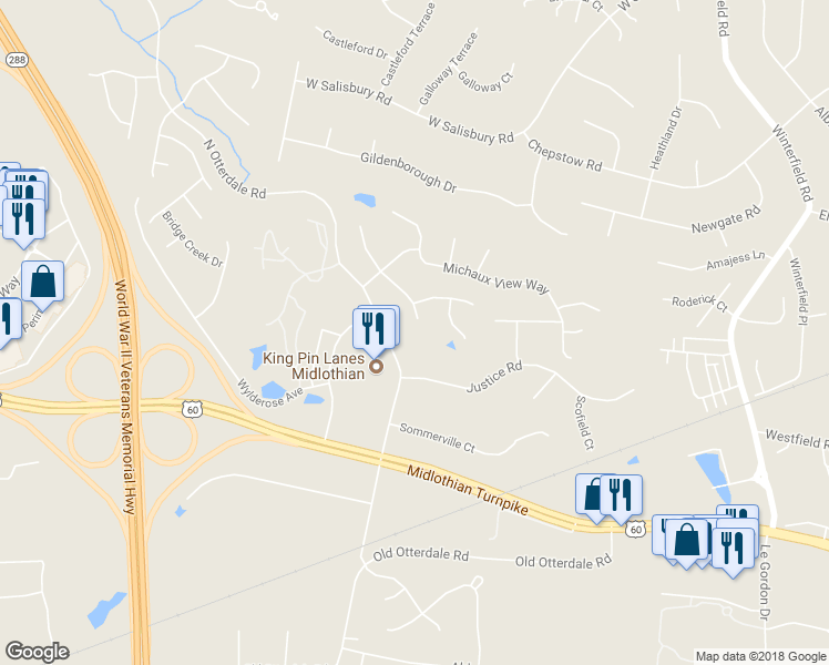 map of restaurants, bars, coffee shops, grocery stores, and more near 206 Michaux Crossing Lane in Midlothian