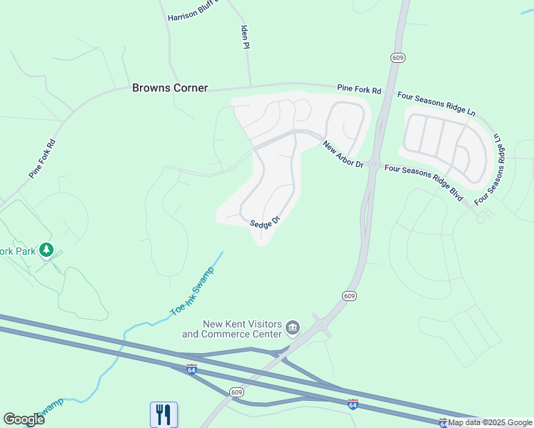 map of restaurants, bars, coffee shops, grocery stores, and more near 7221 Cress Terrace in New Kent