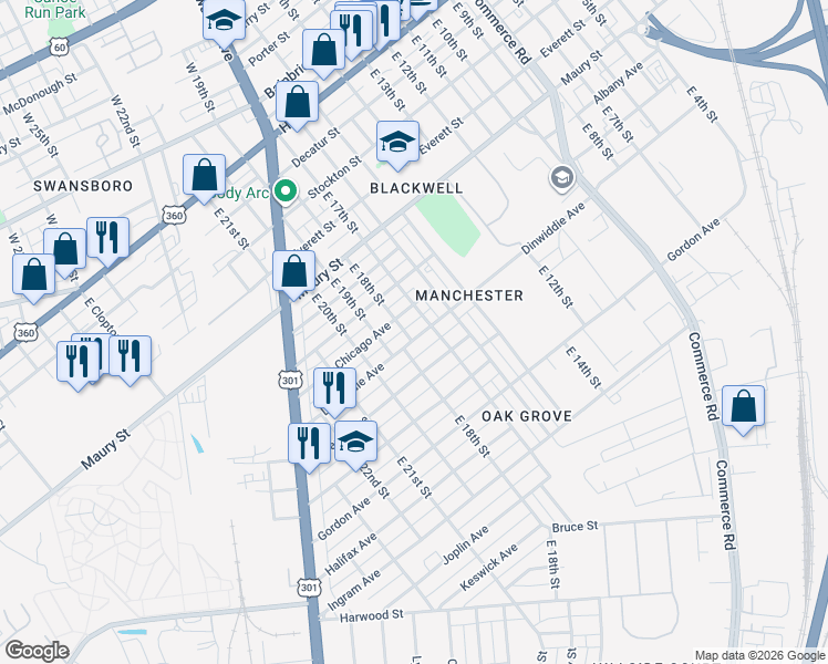 map of restaurants, bars, coffee shops, grocery stores, and more near 1801 Dinwiddie Avenue in Richmond