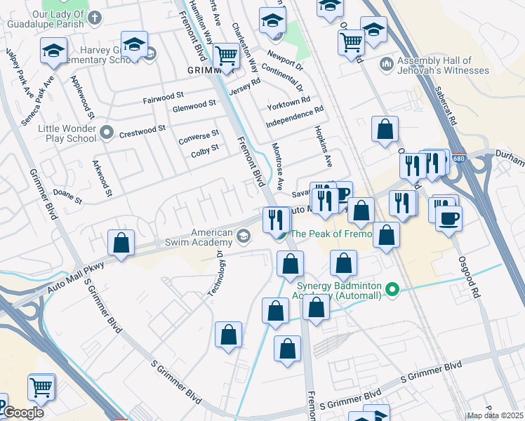 map of restaurants, bars, coffee shops, grocery stores, and more near 4022 Papillon Terrace in Fremont