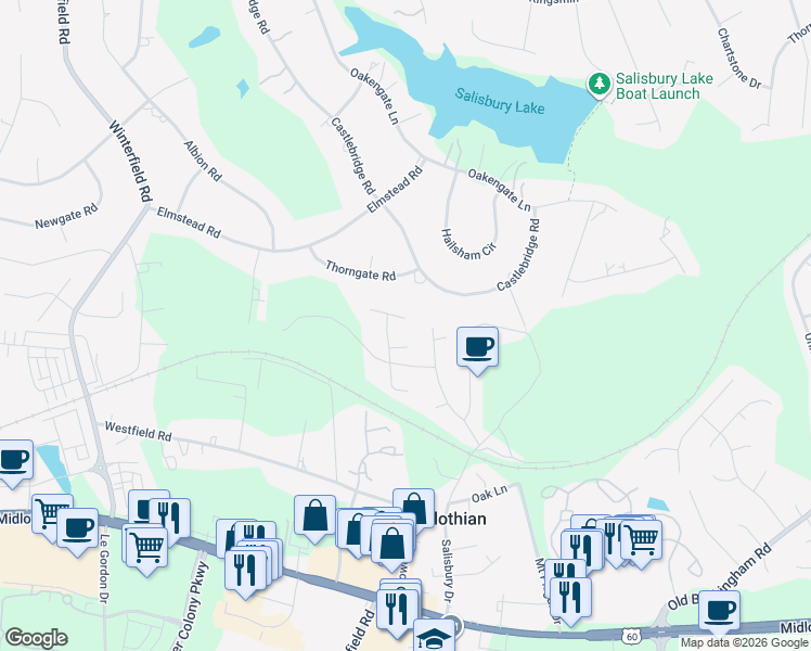 map of restaurants, bars, coffee shops, grocery stores, and more near 13601 Danbury Drive in Midlothian