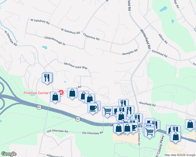 map of restaurants, bars, coffee shops, grocery stores, and more near 403 Michaux View Court in Midlothian