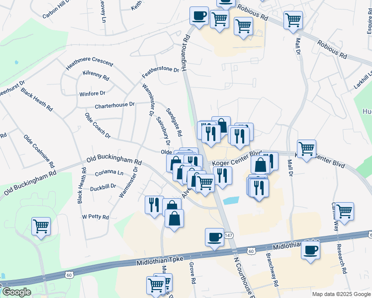 map of restaurants, bars, coffee shops, grocery stores, and more near 1501 Sandgate Road in Midlothian
