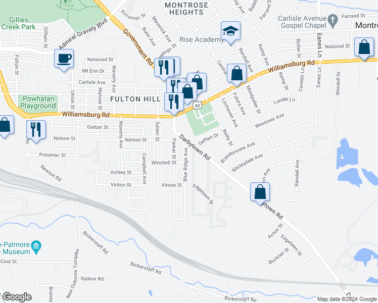map of restaurants, bars, coffee shops, grocery stores, and more near 5207 Blue Ridge Avenue in Richmond