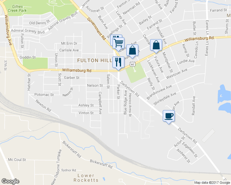 map of restaurants, bars, coffee shops, grocery stores, and more near 5210 Parker Street in Henrico