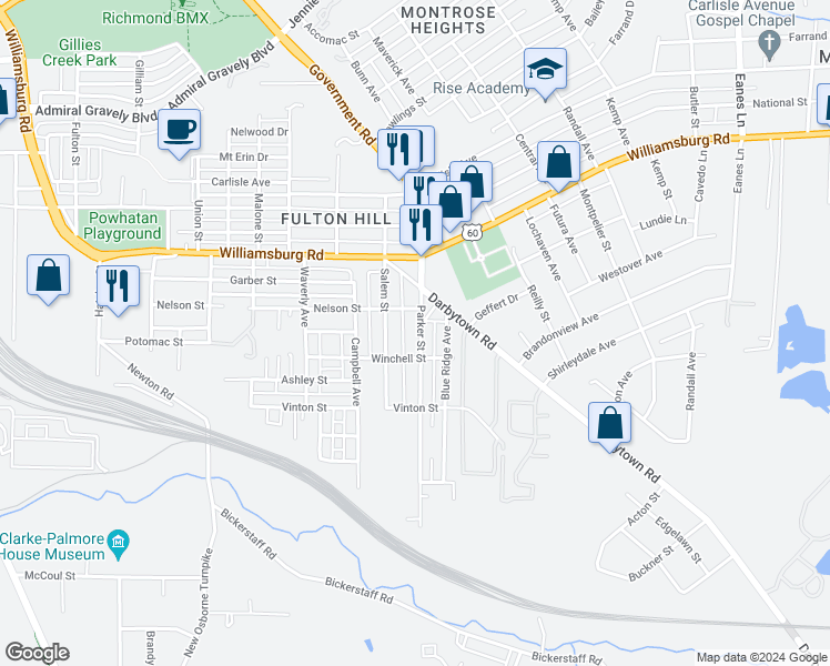 map of restaurants, bars, coffee shops, grocery stores, and more near 5210 Parker Street in Richmond