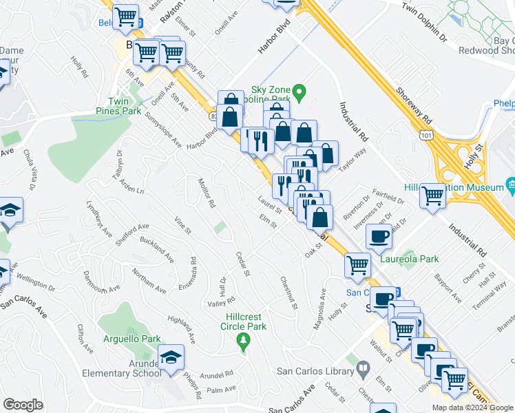 map of restaurants, bars, coffee shops, grocery stores, and more near 18 Elm Street in San Carlos