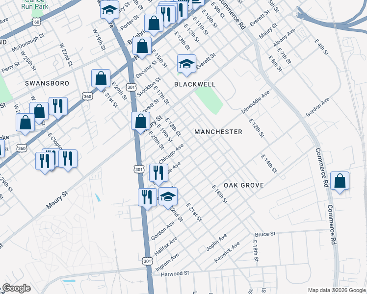 map of restaurants, bars, coffee shops, grocery stores, and more near 1801 Dinwiddie Avenue in Richmond