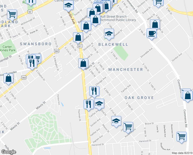 map of restaurants, bars, coffee shops, grocery stores, and more near 1905 Chicago Avenue in Richmond