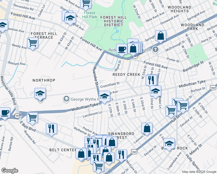 map of restaurants, bars, coffee shops, grocery stores, and more near 3708 Crutchfield Street in Richmond