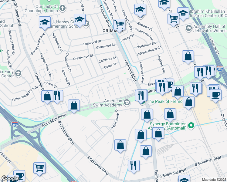 map of restaurants, bars, coffee shops, grocery stores, and more near 235 Manitoba Green in Fremont