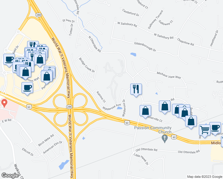 map of restaurants, bars, coffee shops, grocery stores, and more near Lancaster Gate Drive in Midlothian