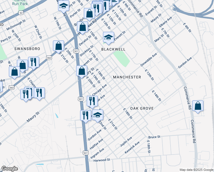 map of restaurants, bars, coffee shops, grocery stores, and more near 1801 Dinwiddie Avenue in Richmond
