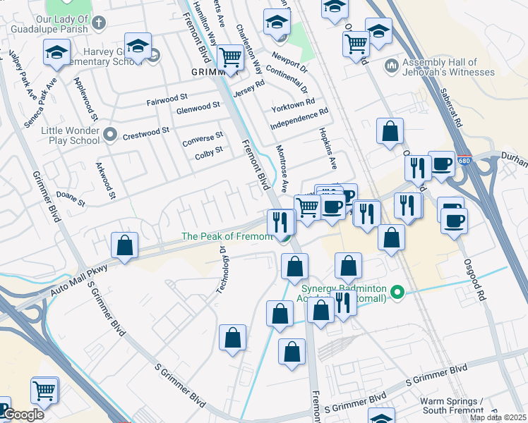 map of restaurants, bars, coffee shops, grocery stores, and more near 4040 Papillon Terrace in Fremont