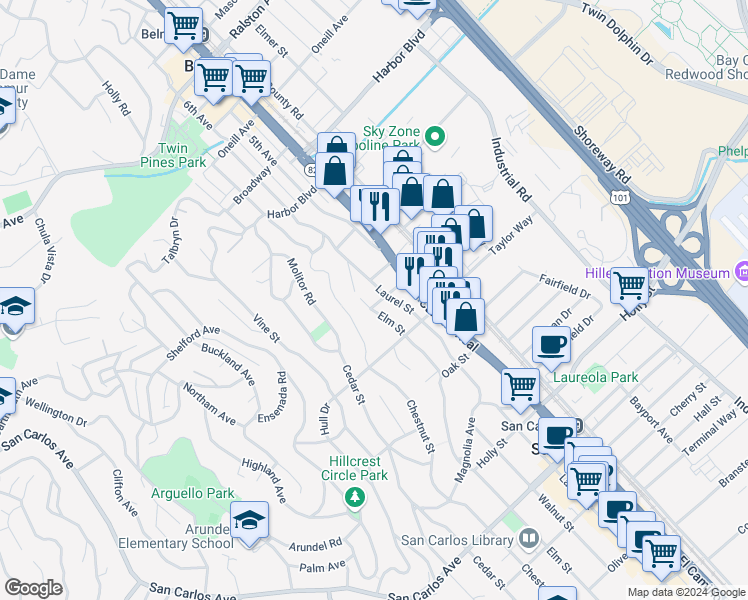 map of restaurants, bars, coffee shops, grocery stores, and more near 1250 Spring Street in San Carlos