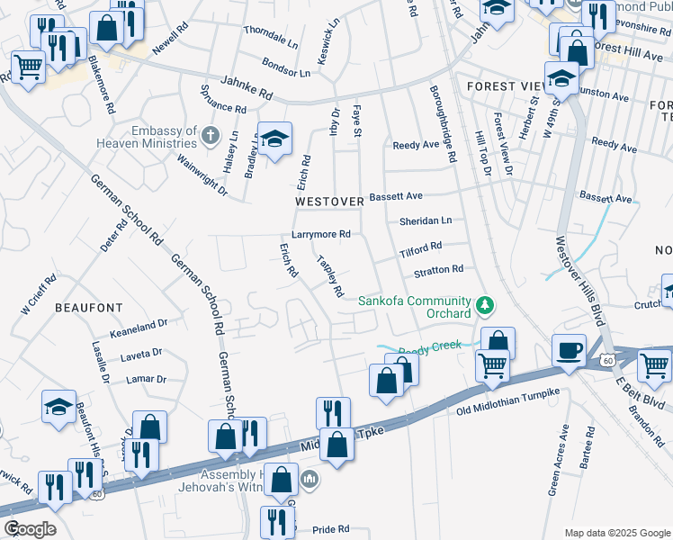map of restaurants, bars, coffee shops, grocery stores, and more near 601 Tarpley Road in Richmond