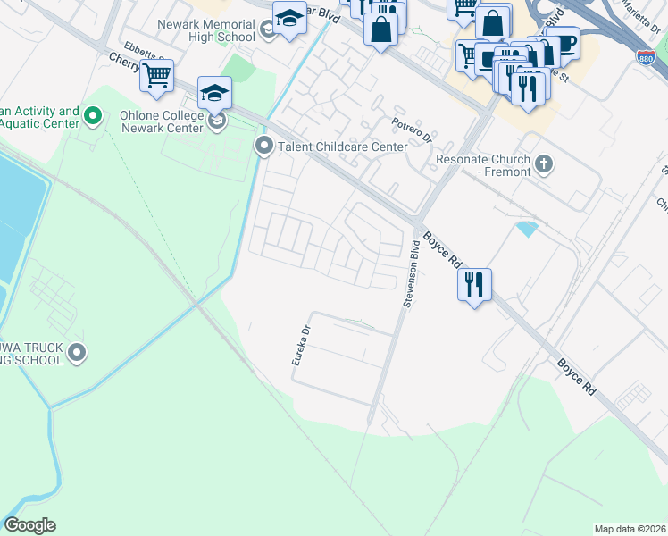 map of restaurants, bars, coffee shops, grocery stores, and more near 39715 Fog Shrew Road in Newark