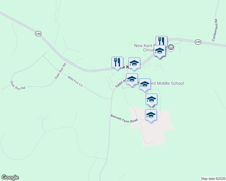 map of restaurants, bars, coffee shops, grocery stores, and more near 7669 Leeds Castle Lane in New Kent