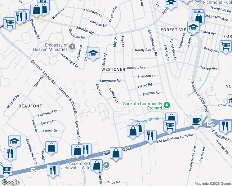 map of restaurants, bars, coffee shops, grocery stores, and more near 601 Tarpley Road in Richmond