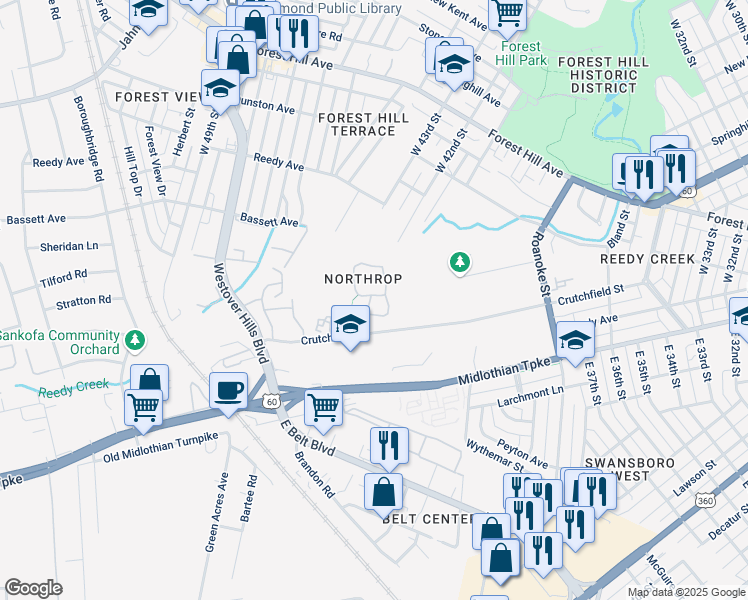 map of restaurants, bars, coffee shops, grocery stores, and more near 383 Norcroft Circle in Richmond