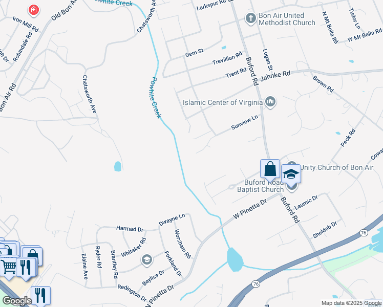 map of restaurants, bars, coffee shops, grocery stores, and more near 8740 Sunview Lane in Richmond