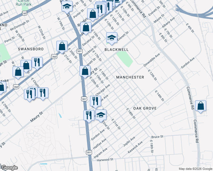 map of restaurants, bars, coffee shops, grocery stores, and more near 1905 Chicago Avenue in Richmond