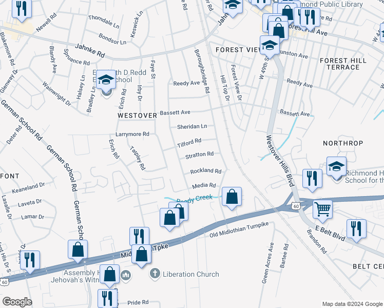 map of restaurants, bars, coffee shops, grocery stores, and more near 5248 Stratton Road in Richmond
