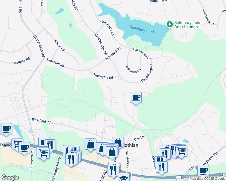 map of restaurants, bars, coffee shops, grocery stores, and more near 13605 Danbury Drive in Midlothian