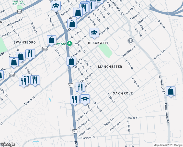 map of restaurants, bars, coffee shops, grocery stores, and more near 1803 Chicago Avenue in Richmond