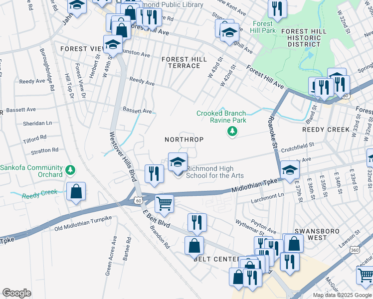 map of restaurants, bars, coffee shops, grocery stores, and more near 383 Norcroft Circle in Richmond