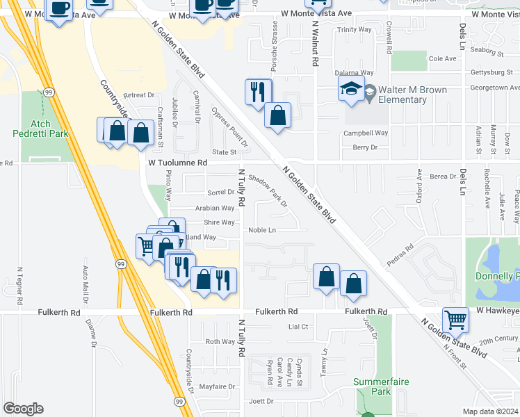 map of restaurants, bars, coffee shops, grocery stores, and more near 2102 Royal Wood Lane in Turlock