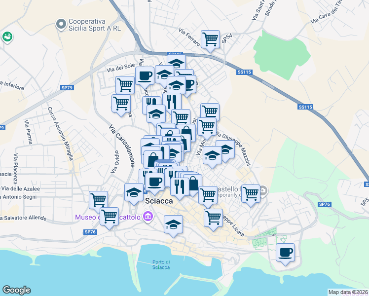 map of restaurants, bars, coffee shops, grocery stores, and more near 35 Via R. Morandi in Sciacca