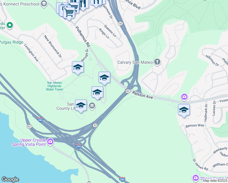 map of restaurants, bars, coffee shops, grocery stores, and more near 40 Tower Road in San Mateo