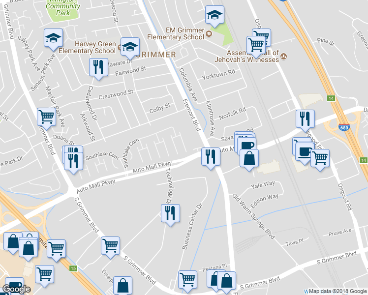 map of restaurants, bars, coffee shops, grocery stores, and more near 307 Winnipeg Green in Fremont